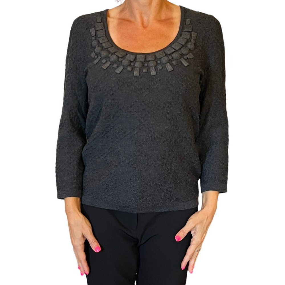 CAROLINA HERRERA GRAY WOOL 3/4 SLEEVE EMBELLISHED TEXTURED KNIT SWEATER M